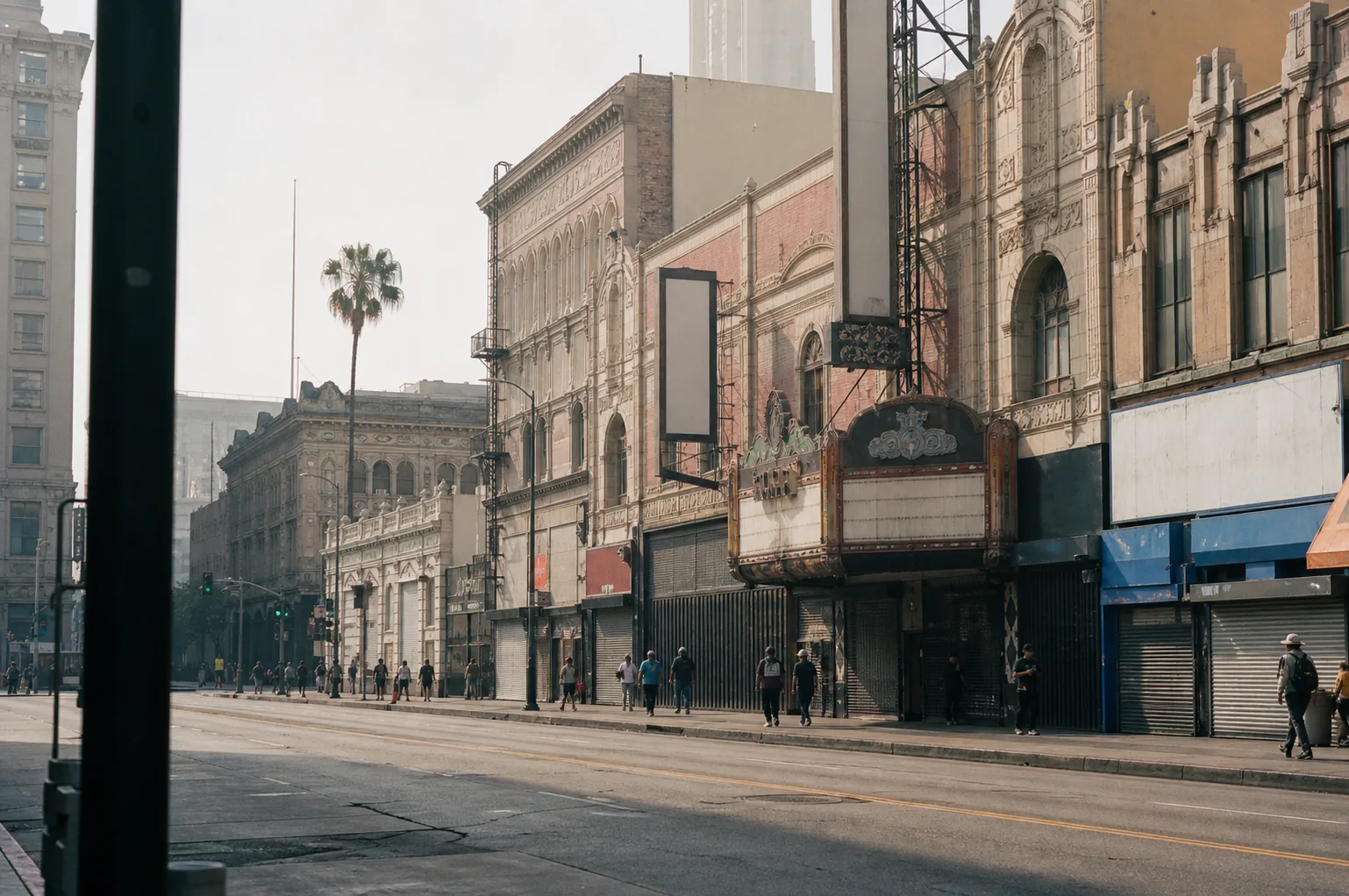 Historic Broadway facades in pale morning haze