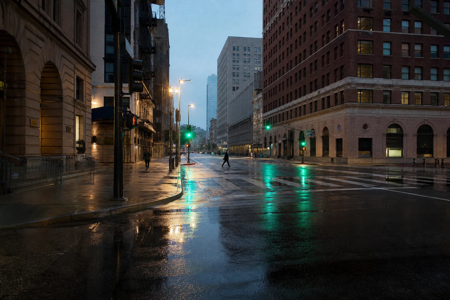 A wide Downtown Los Angeles intersection reflecting traffic lights after rain